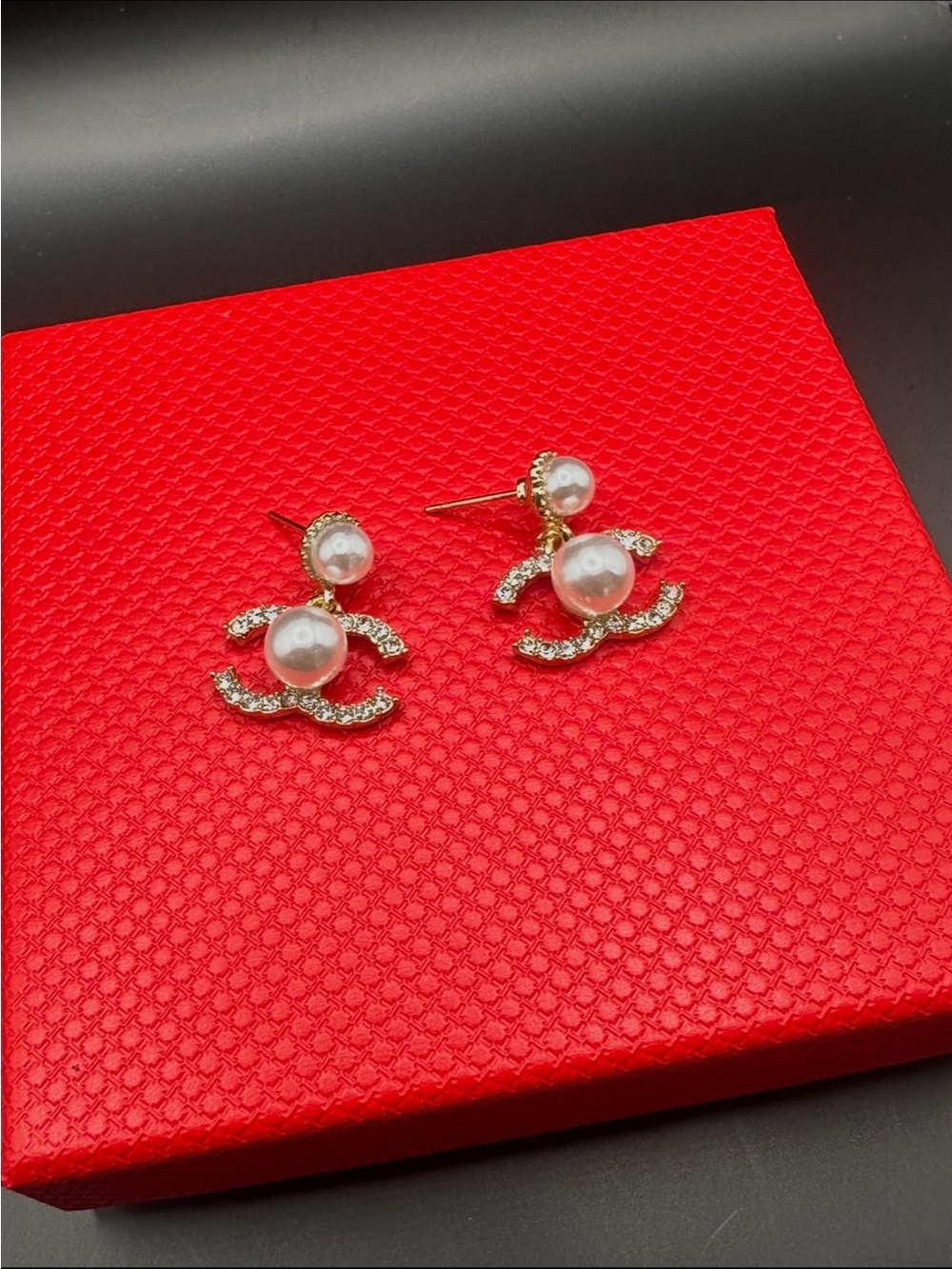 Fashion Jewelry Gold-Tone Pearl & Crystal Logo Drop Earrings - White Pearls